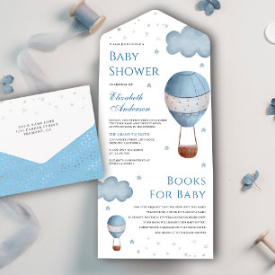 Vintage Retro Blaues Heißluftballon-Baby-Shower All In One Einladung