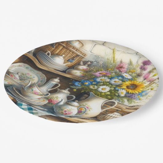 Vintage Retro Blumenteeppich Set Blumenpapierplatt Pappteller (Schrägansicht)