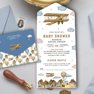 Vintage Retro Braunes Flugzeug-Baby-Party All In One Einladung