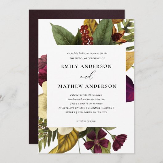 VINTAGE RETRO BURGUNDY GELBE BLUMENBUNKTWANDWAND EINLADUNG (Vorne/Hinten)