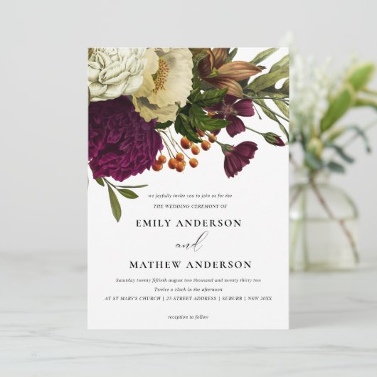 VINTAGE RETRO BURGUNDY GELBE BLUMENBUNKTWANDWAND EINLADUNG (Stehend Vorderseite)