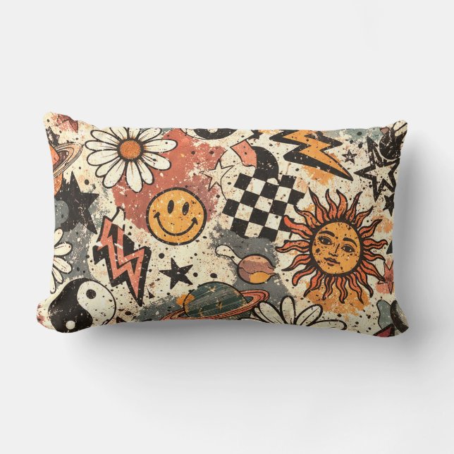 Vintage Retro Celestial Grunge Pattern Lendenkissen (Vorderseite)