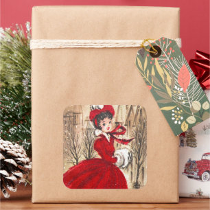 Vintage Retro-Dame Weihnachtsfeiertags-Aufkleber Quadratischer Aufkleber