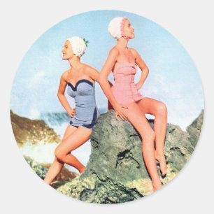 Vintage Retro Damen Badeanzüge und auch Schwimmanz Runder Aufkleber