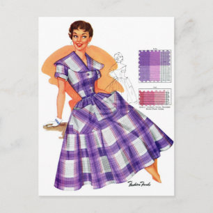 Vintage Retro Damen Mode Kleid Karo Anzeige Postkarte