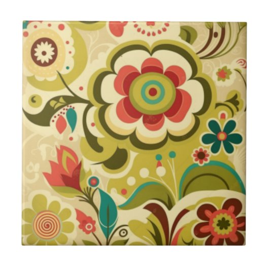Vintage Retro-Design Blumen hellgrün Fliese (Vorderseite)