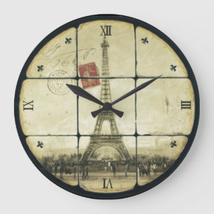 Vintage Retro Eiffelturm Fleur de Lis Design Große Wanduhr