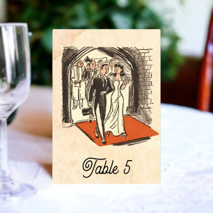 Vintage Retro Elegante Comic-Hochzeit im Landhauss Tischnummer