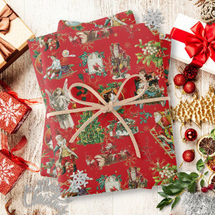 Vintage Retro Festives Rot Weihnachten Ferien Geschenkpapier Set