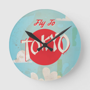 Vintage Retro Fliegen Sie nach Tokio Reiseplakat Runde Wanduhr