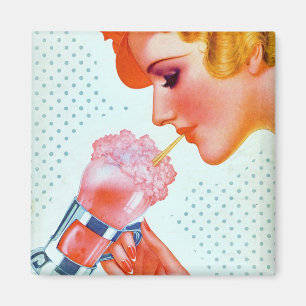 Vintage Retro Frau, die rosa Milchshakedreißiger Magnet