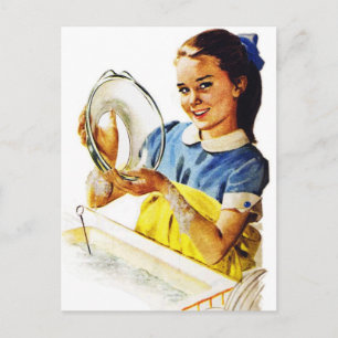 Vintage Retro Frau Mädchen beim Geschirrspülen Postkarte