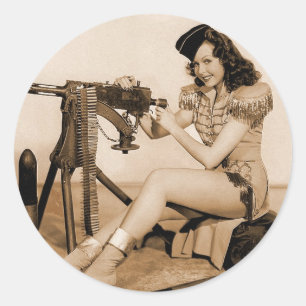Vintage Retro Frau Maschinengewehr Mädchen Runder Aufkleber