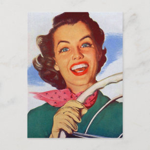 Vintage Retro-Frauen Frauenfahrerin hinter dem Rad Postkarte