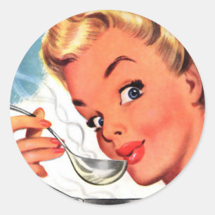 Vintage Retro Frauenkitsch-Suppen bereit! Anzeige Runder Aufkleber