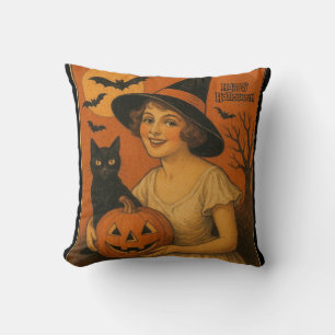 Vintage/Retro Frohe Halloween Hexe, Katze, Kürbis Kissen