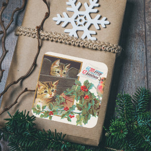Vintage Retro Frohe Weihnachten Süße Katzen Vogel Quadratischer Aufkleber