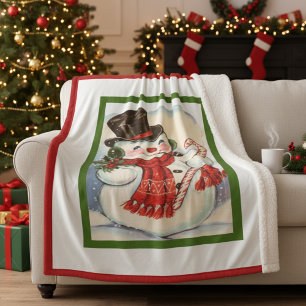 Vintage Retro fröhlicher Schneemann mit Zylinder Sherpadecke