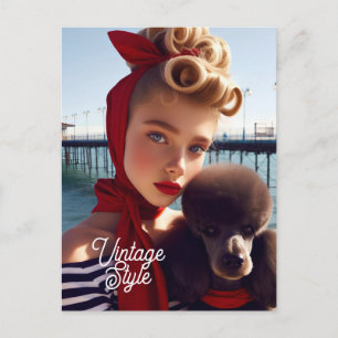 Vintage Retro-Glamour-Girl mit Pudel Postkarte