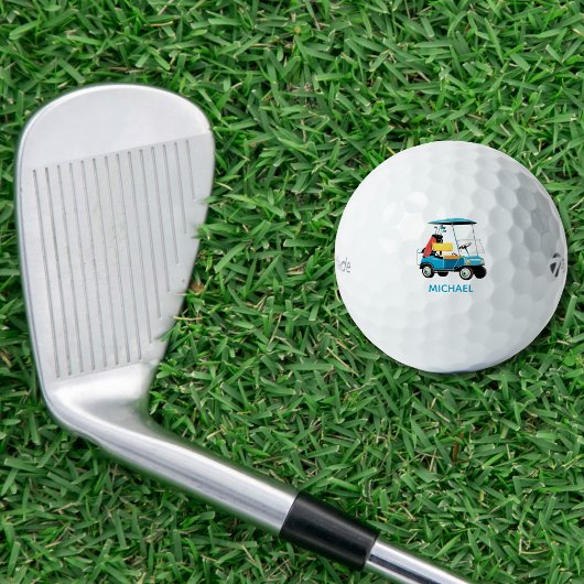 Vintage Retro Golf Cart Cute Blue Monogrammed Golfball