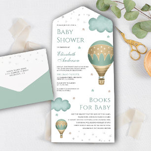 Vintage Retro Grünes Heißluftballon-Baby-Shower All In One Einladung