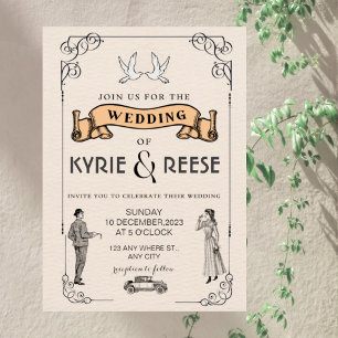 Vintage Retro-Hochzeitseinladung in Schwarz/Weiß Folieneinladung