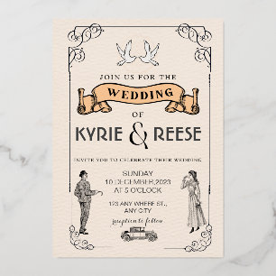 Vintage Retro-Hochzeitseinladung in Schwarz/Weiß Folieneinladung