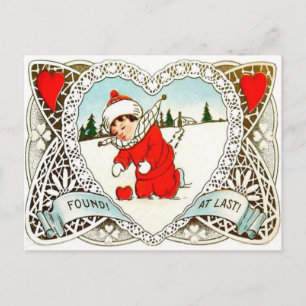 Vintage Retro Junge findet Herz im Schnee Valentin Feiertagspostkarte