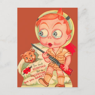 Vintage Retro Junge jagt Bär Valentinstagskarte Feiertagspostkarte