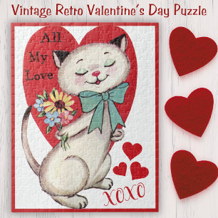Vintage Retro-Katze mit Blumen Valentinstag Puzzle