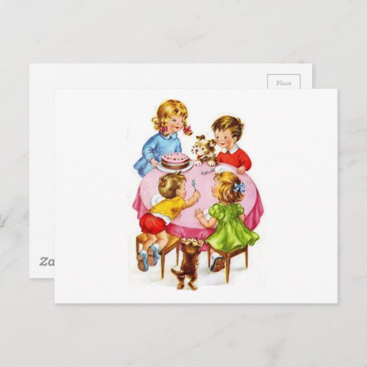 Vintage Retro-Kindergeburtsparty Hund Kitten Einladungspostkarte (Vorne/Hinten)