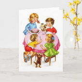 Vintage Retro-Kindergeburtsparty Hund Kitten Karte (Gelbe Blume)