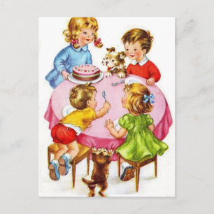 Vintage Retro-Kindergeburtsparty Hund Kitten Postkarte