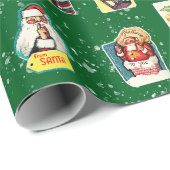 Vintage Retro Kitschy Weihnachtskleber auf Green Geschenkpapier (Rolleneckpunkt)