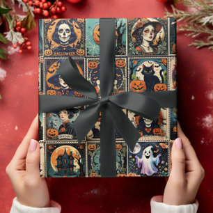 Vintage Retro Kürbis Hexe Halloween Muster Geschenkpapier