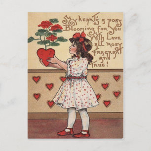 Vintage Retro Mädchen Herz Pflanze Valentinskarte Feiertagspostkarte