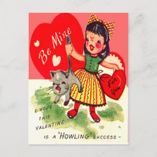 Vintage Retro Mädchen mit Katze Valentinstagskarte Feiertagspostkarte