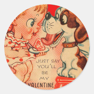 Vintage Retro Mädchen & Welpe Valentinskarte Runder Aufkleber