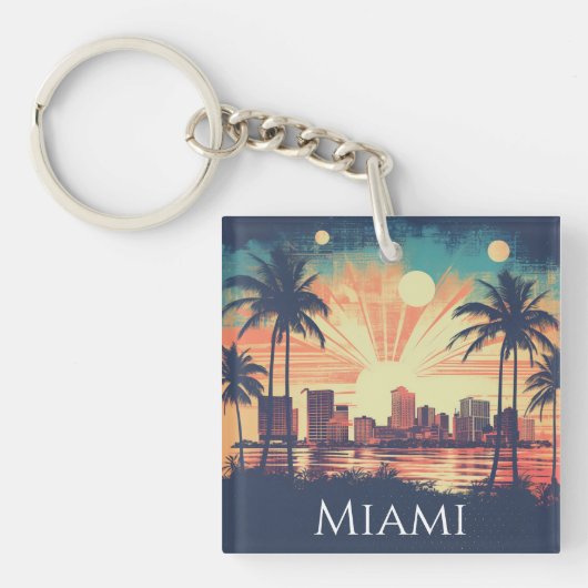 Vintage Retro Miami Florida Sunrise Travel Schlüsselanhänger (Vorderseite)