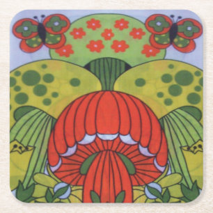 Vintage Retro Pilz und Schmetterling Papier Unters Rechteckiger Pappuntersetzer