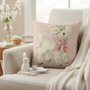 Vintage Retro Pink Linen with Cute Baby Lamb Kissen