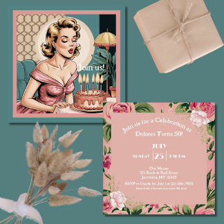 Vintage Retro Pinup Mädchen Elegante Blumen Geburt Einladung
