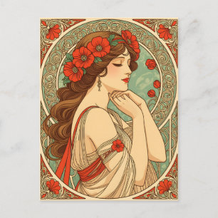 vintage retro romantic woman with red flowers postkarte