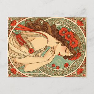 vintage retro romantic woman with red flowers postkarte