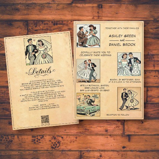 Vintage Retro Romantische Comic Hochzeit Einladung