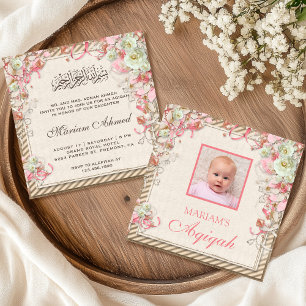 Vintage Retro Rosa Blumen Baby Mädchen Foto Aqiqah Einladung