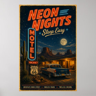 Vintage Retro Route 66 Neon Motel Nachtlandschaft Poster