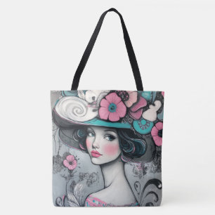 Vintage Retro Schöne Frau rosa und Aquamarin Tasche
