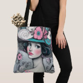 Vintage Retro Schöne Frau rosa und Aquamarin Tasche (Von Nahem)