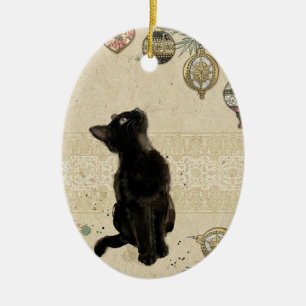 Vintage Retro Schwarze Katze sieht Weihnachtsdekor Keramik Ornament